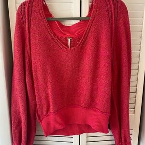 Free People V-Neck Sweater in Vibrant Red